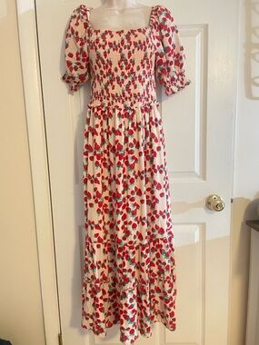 Betsey Johnson Strawberry Print Smocked Puff Sleeve Maxi Dress - Red on Cream